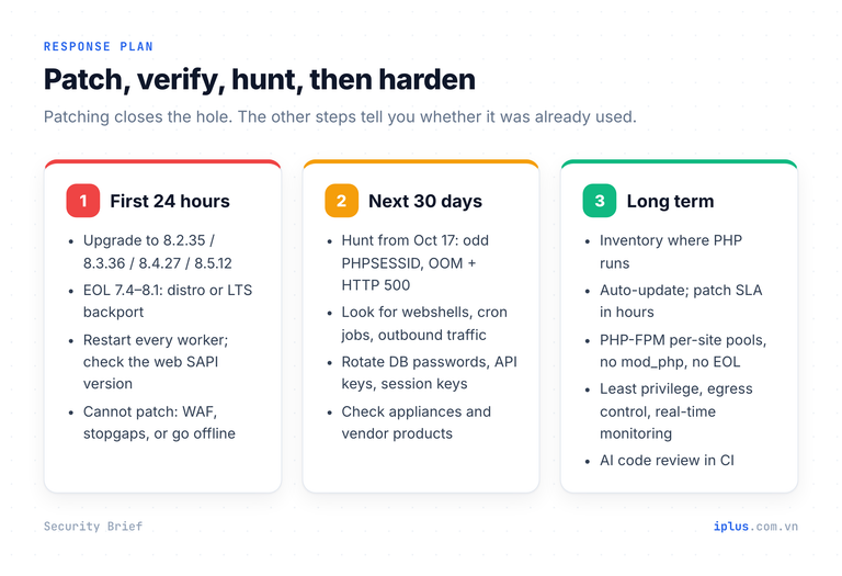 PHP2Shell response plan in three horizons: the first 24 hours, the next 30 days, and long-term architecture changes